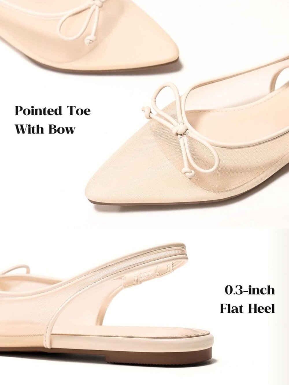 Women's Khaki Slingback Flat Bow Closed Pointed Toe Mesh Ballet Flat Dress Shoes - Picture 4 of 6